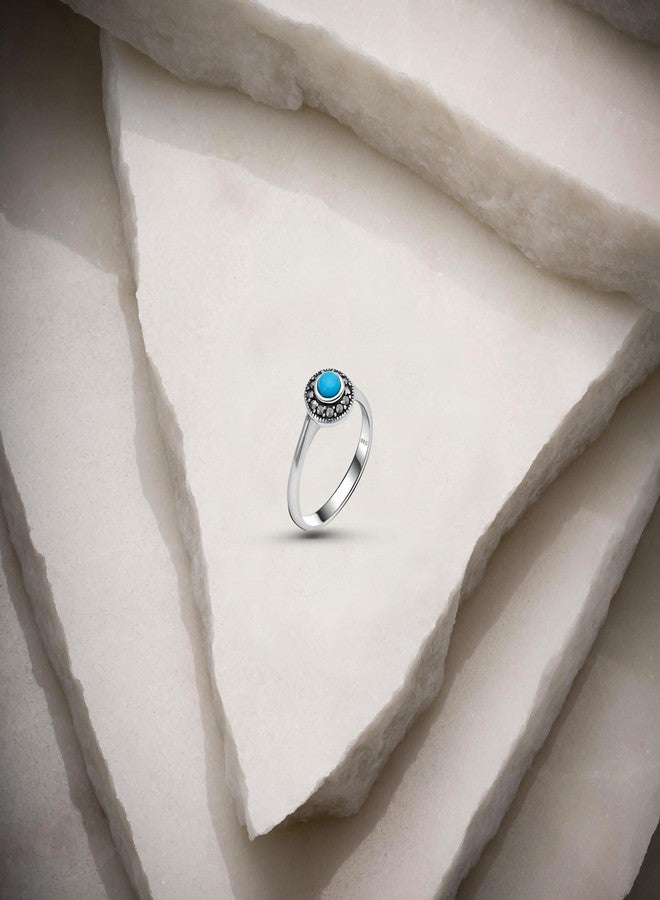 Alpha Rock Genuine Solid 925 Sterling Silver Simulated Round Turquoise Marcasite Accents Halo Ring, Statement Engagement Promise Wedding Birthstone Oxidized Fine Ring, Gift for Women (Simulated Turquoise A, 7) - Image 2